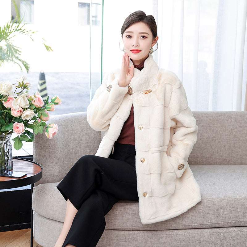 Korean Style Mid-length Mink Coat Women's Thick Coat With Fur White