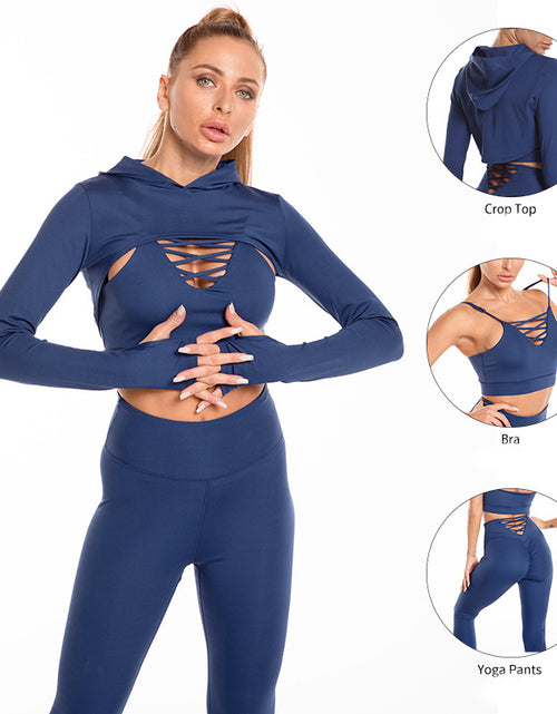 Load image into Gallery viewer, Ultimate Fitness Trio: 3pcs Sports Suits with Long Sleeve Hooded Top, Hollow Design Camisole, and Butt Lifting High Waist Seamless Fitness Leggings - Gym-Ready Outfits
