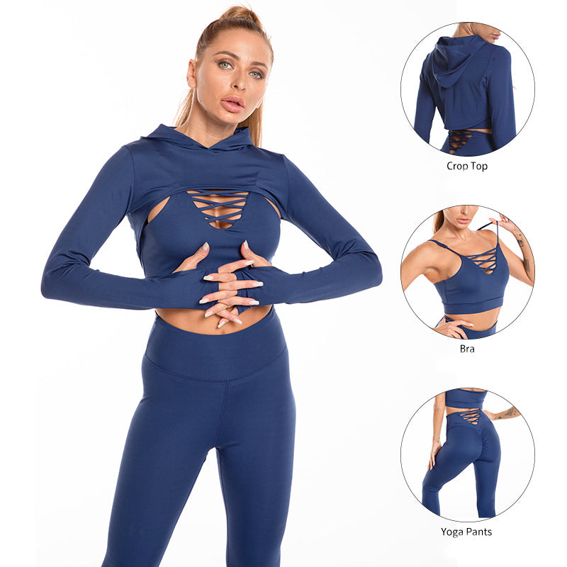 Ultimate Fitness Trio: 3pcs Sports Suits with Long Sleeve Hooded Top, Hollow Design Camisole, and Butt Lifting High Waist Seamless Fitness Leggings - Gym-Ready Outfits