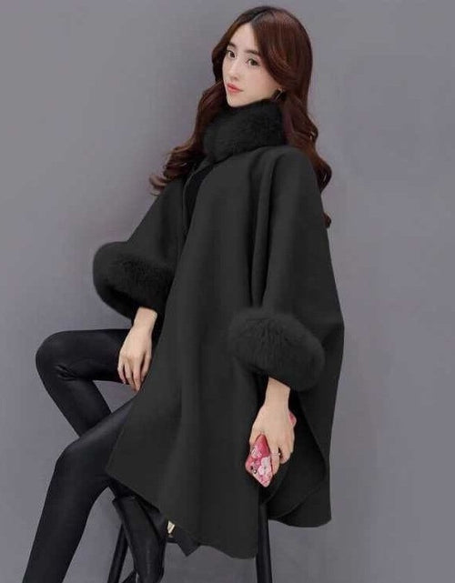 Load image into Gallery viewer, Temperament Commute Style Batwing Sleeve Fox Fur Collar Mid-length Woolen Coat Black
