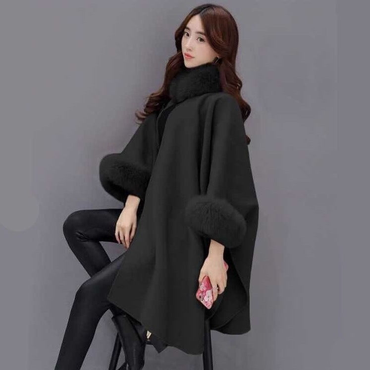 Temperament Commute Style Batwing Sleeve Fox Fur Collar Mid-length Woolen Coat Black