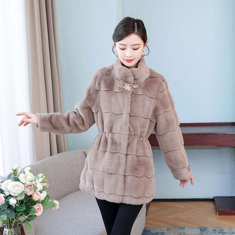 Korean Style Mid-length Mink Coat Women's Thick Coat With Fur Coffee