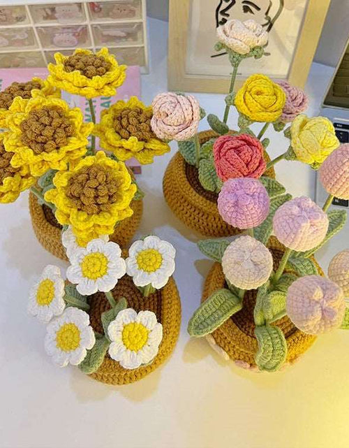 Load image into Gallery viewer, Hand Knitting DIY Tulips Small Daisy Potted Bouquet Wool Crochet Material Package
