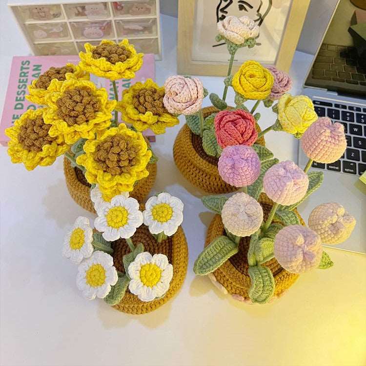 Hand Knitting DIY Tulips Small Daisy Potted Bouquet Wool Crochet Material Package