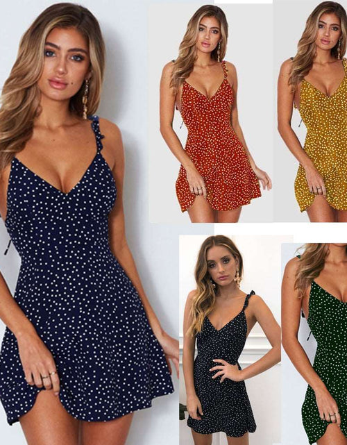 Load image into Gallery viewer, Chic Summer Vibes: Polka-dot Strappy Dress - Women&#39;s Fashion Beach Sundress with V-neck, Sleeveless Design, and Princess Cut Short Skirt
