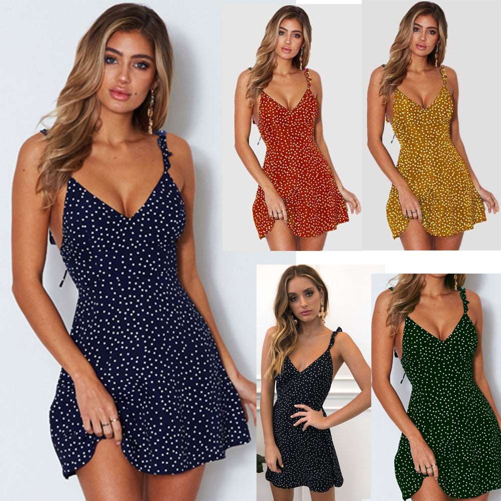 Chic Summer Vibes: Polka-dot Strappy Dress - Women's Fashion Beach Sundress with V-neck, Sleeveless Design, and Princess Cut Short Skirt