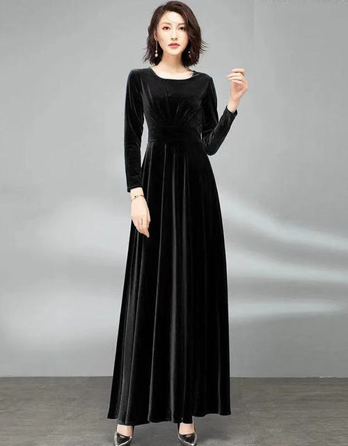 Load image into Gallery viewer, Pleuche Long Sleeve Dress Waist-tight Elegant Big Hem Black
