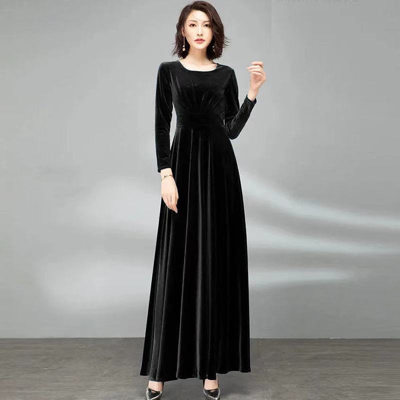 Pleuche Long Sleeve Dress Waist-tight Elegant Big Hem Black