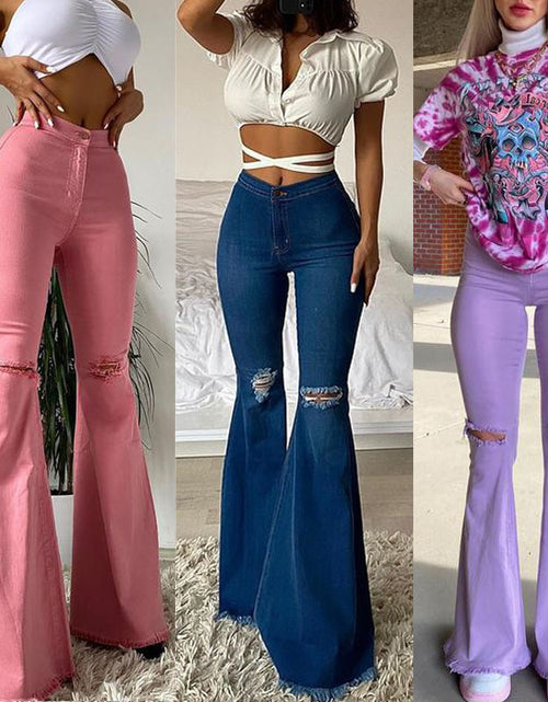 Load image into Gallery viewer, Effortlessly Edgy: Colored Stretch Denim Trousers with Ripped Frayed Flared Hem - Elevate Your Look with Trendy Distressed Details
