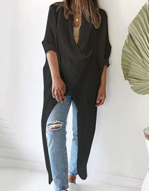 Load image into Gallery viewer, V-neck long sleeve asymmetrical blouse Black
