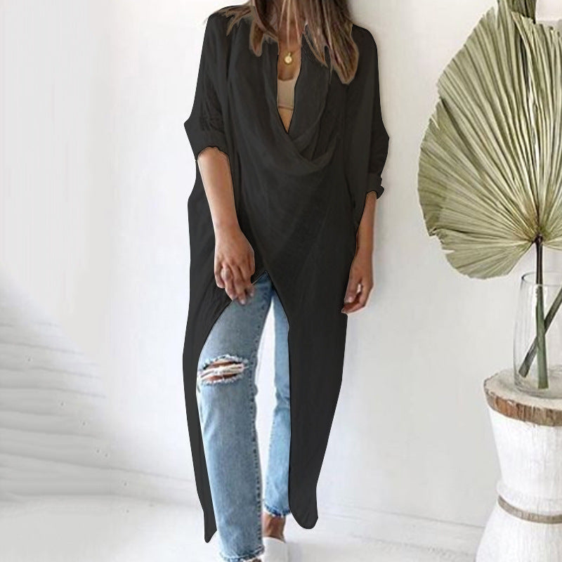 V-neck long sleeve asymmetrical blouse Black