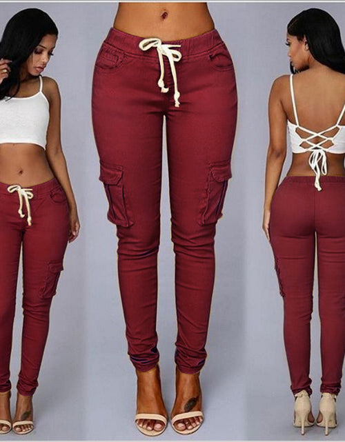 Load image into Gallery viewer, Versatile Chic: Women&#39;s Mid-Waisted Cotton Tight-Fit Casual Pants with Multiple Pockets Claret
