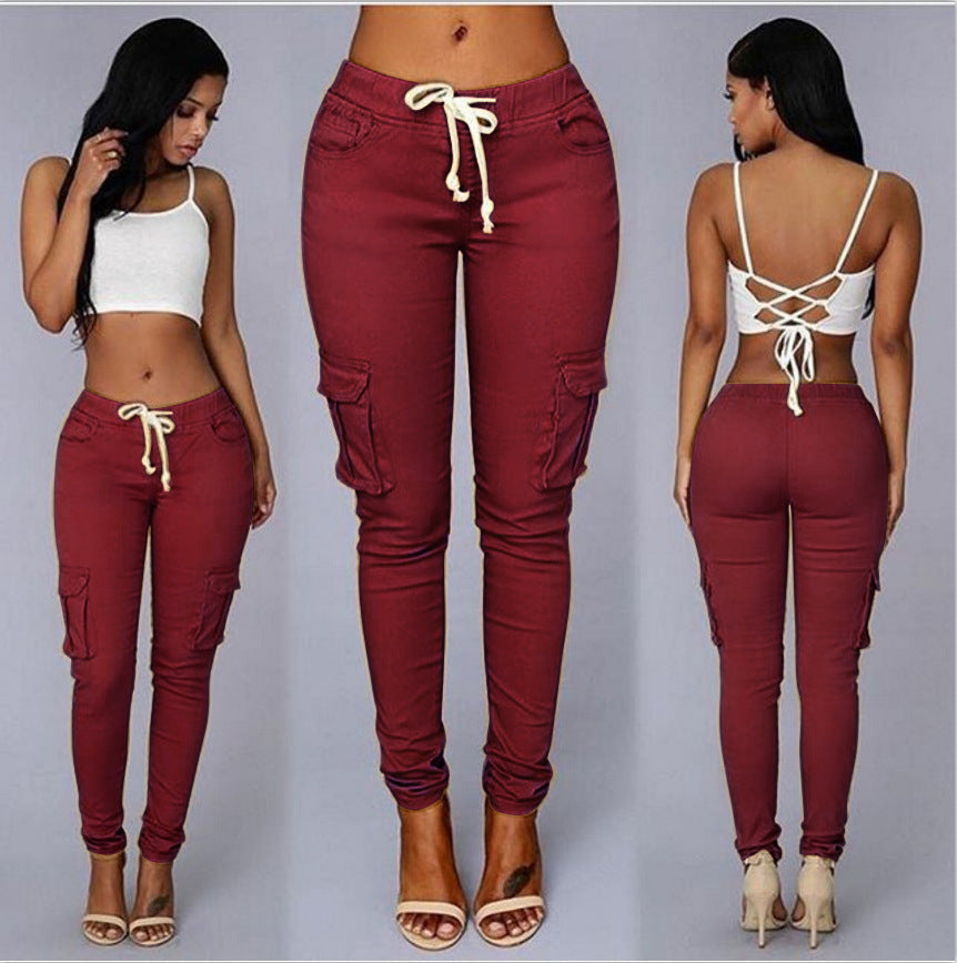 Versatile Chic: Women's Mid-Waisted Cotton Tight-Fit Casual Pants with Multiple Pockets Claret