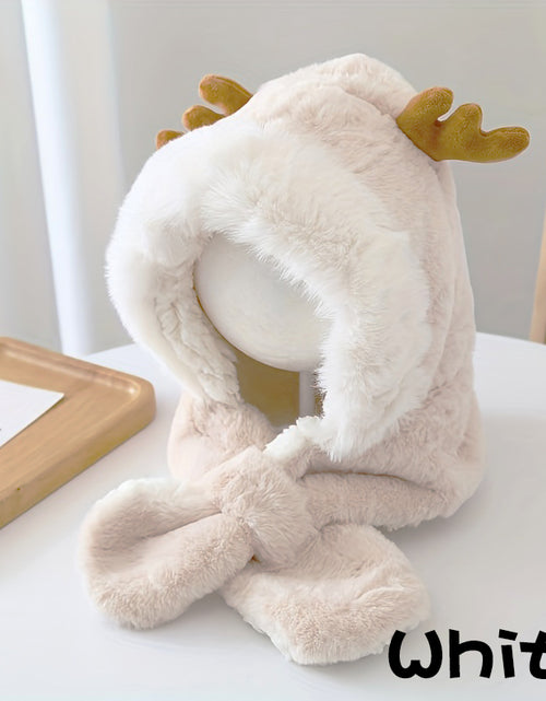 Load image into Gallery viewer, Cute Deer Hat Women Plush Rabbit Ear Funny Lolita Sweet Kawaii Winter Fluffy Fleece Warm Hat Plush Winter Thickened Cute Antlers Baby Hat With Scarf For 5-10 Y Children White
