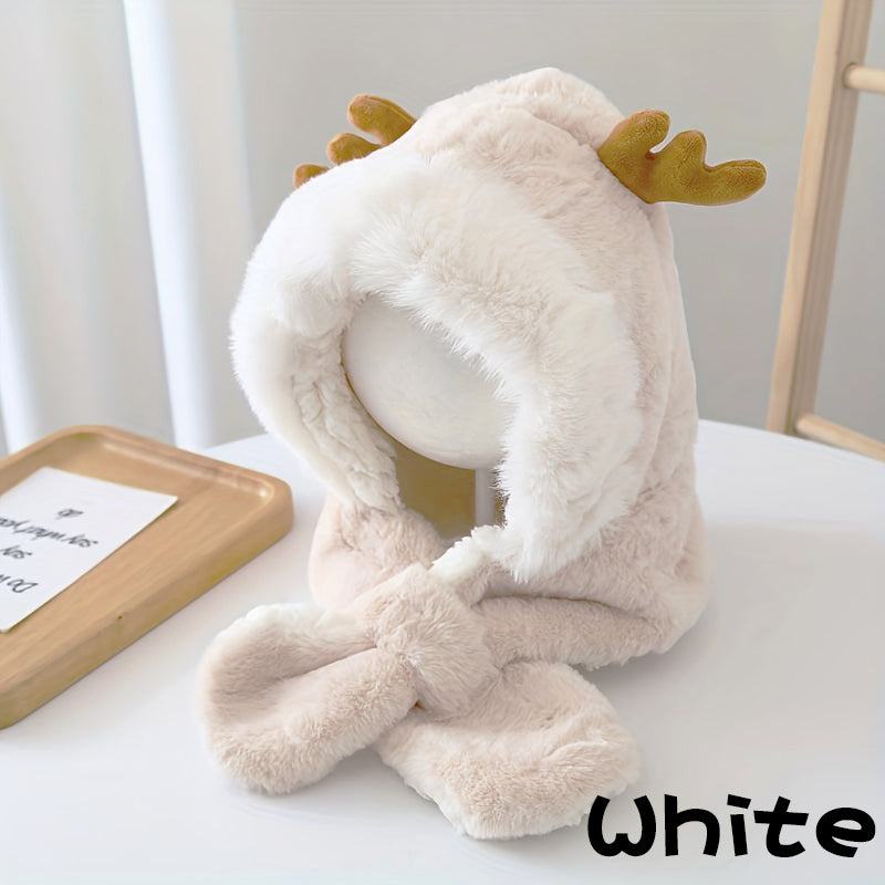 Cute Deer Hat Women Plush Rabbit Ear Funny Lolita Sweet Kawaii Winter Fluffy Fleece Warm Hat Plush Winter Thickened Cute Antlers Baby Hat With Scarf For 5-10 Y Children White