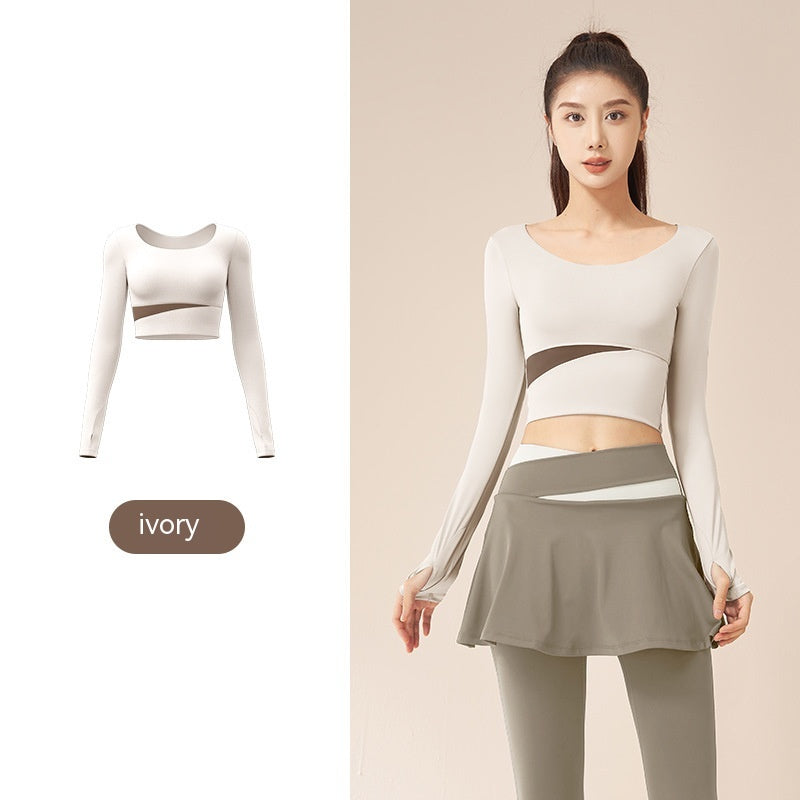 Contrast Color Fast-drying Workout Top Slim Fit Nude Feel Seamless Yoga Long Sleeve Ivory White