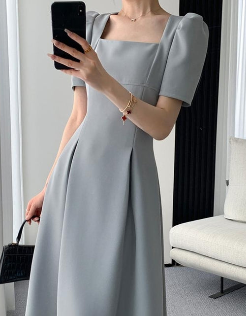 Load image into Gallery viewer, Light Blue A-Line Hight Waist Mid-Length Informal Temperament Commute Style Fashion Square-neck Cinched Slimming Puff Sleeve Dress
