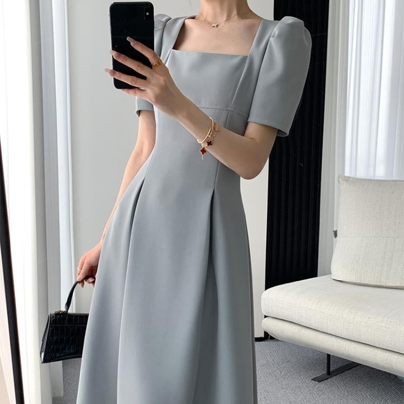 Light Blue A-Line Hight Waist Mid-Length Informal Temperament Commute Style Fashion Square-neck Cinched Slimming Puff Sleeve Dress