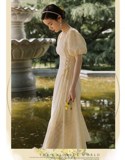 Load image into Gallery viewer, Light Yellow Chiffon Temperament Commute Style Fishtail Skirt Puff Short Sleeve Square Collar Lady Retro Waist-controlled Self-tie Dress
