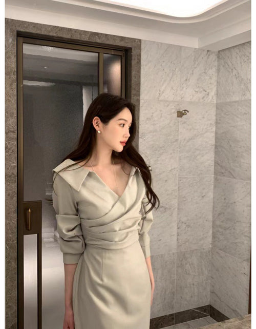 Load image into Gallery viewer, A-Line Solid Color One Size Mid Waist Long Sleeve Short Skirt Slimming Puff Sleeve Elegant Young Self-tie Dress Women Green Average Size
