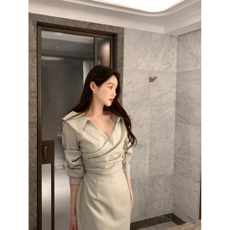 A-Line Solid Color One Size Mid Waist Long Sleeve Short Skirt Slimming Puff Sleeve Elegant Young Self-tie Dress Women Green Average Size