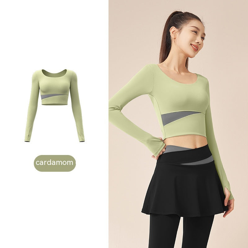 Contrast Color Fast-drying Workout Top Slim Fit Nude Feel Seamless Yoga Long Sleeve Cardamom Green