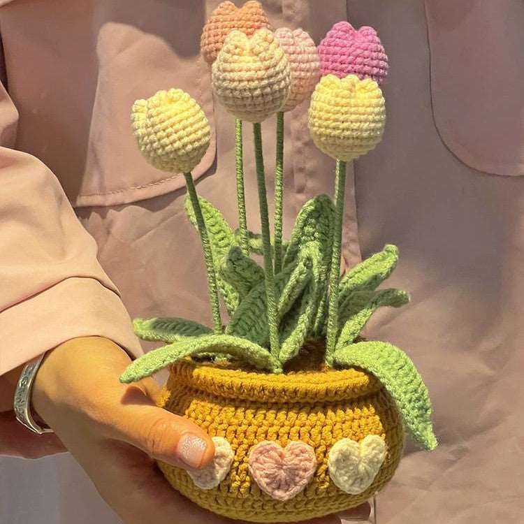 Hand Knitting DIY Tulips Small Daisy Potted Bouquet Wool Crochet Material Package Tulip