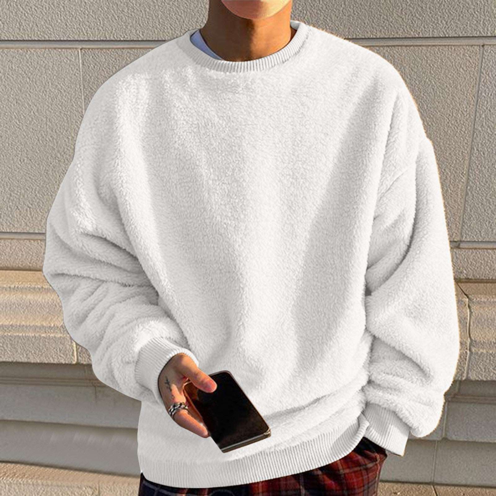 Men's Round Neck Pullover Pocket Long Sleeve Double-sided Velvet White