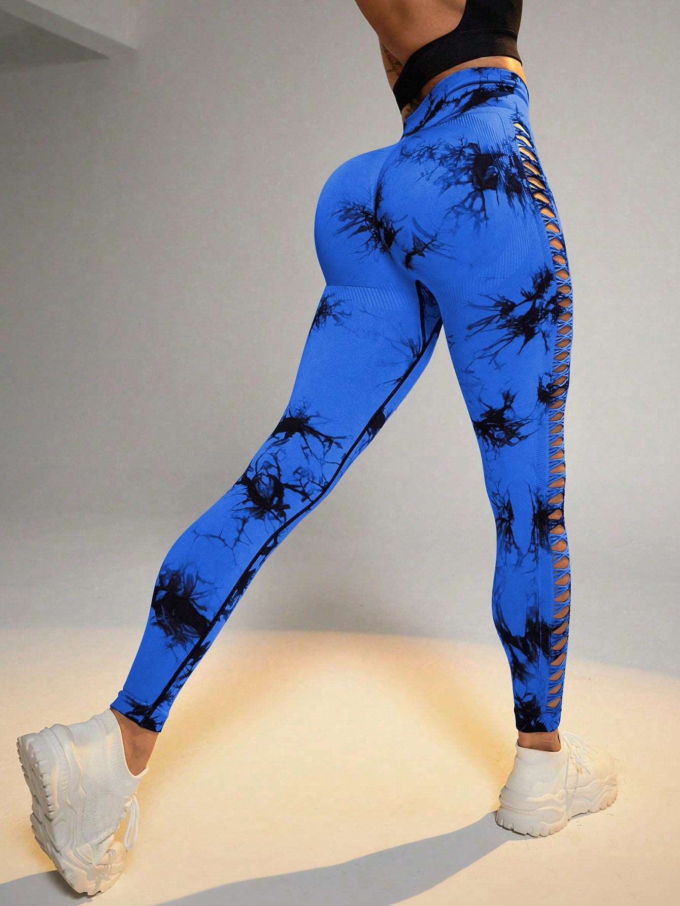 Hollow Tie Dye Printed Yoga Pants - High Waist, Butt Lift, Seamless Sports Leggings for Women - Elevate Your Gym Style! Dark Blue