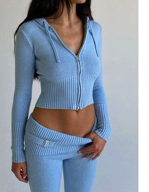 Load image into Gallery viewer, Leisure Chic: Hoodie Knitting Suit with Sexy Zip Long Sleeve Sweater and High Waist Long Pants Set for Women - Trendy Comfort in Every Detail
