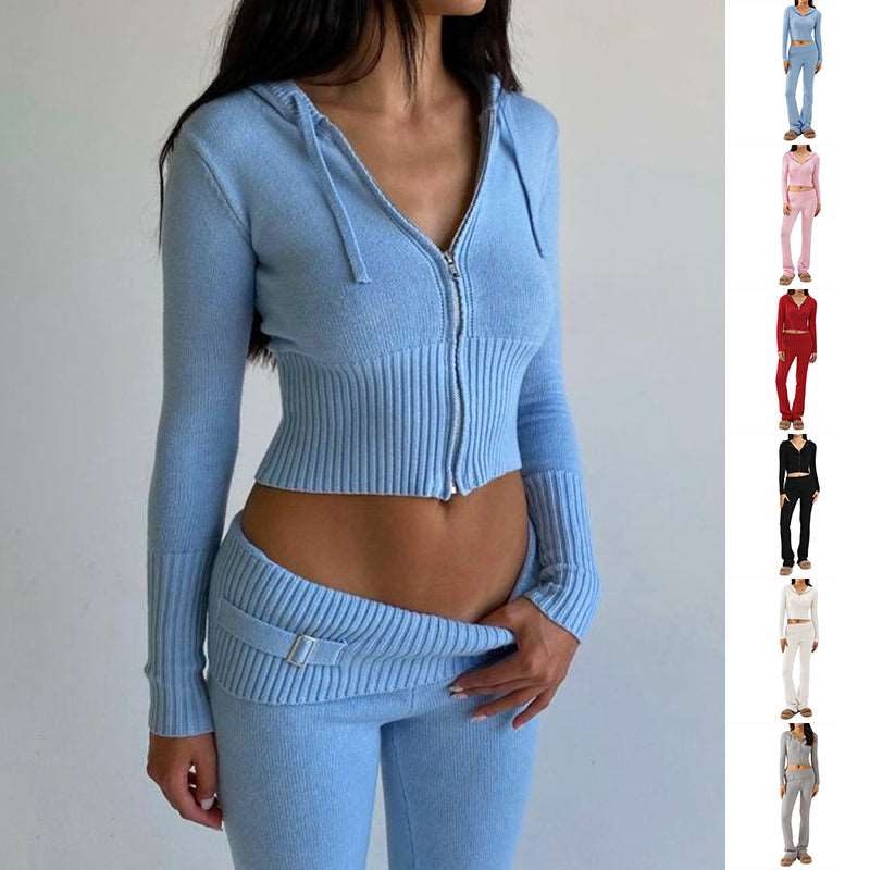 Leisure Chic: Hoodie Knitting Suit with Sexy Zip Long Sleeve Sweater and High Waist Long Pants Set for Women - Trendy Comfort in Every Detail