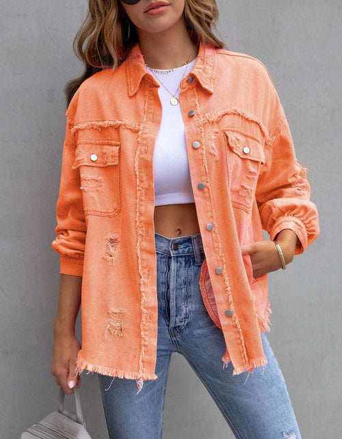 Load image into Gallery viewer, Effortless Style: Ripped Shirt Jacket - Women&#39;s Autumn/Spring Casual Tops with Fashionable Comfort in Chic Plain Colors Orange
