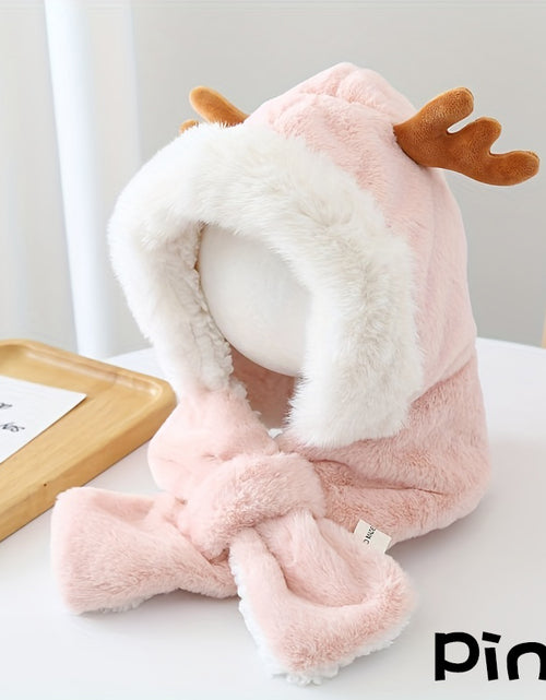 Load image into Gallery viewer, Cute Deer Hat Women Plush Rabbit Ear Funny Lolita Sweet Kawaii Winter Fluffy Fleece Warm Hat Plush Winter Thickened Cute Antlers Baby Hat With Scarf For 5-10 Y Children Pink
