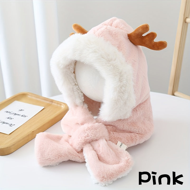 Cute Deer Hat Women Plush Rabbit Ear Funny Lolita Sweet Kawaii Winter Fluffy Fleece Warm Hat Plush Winter Thickened Cute Antlers Baby Hat With Scarf For 5-10 Y Children Pink