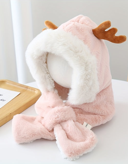 Load image into Gallery viewer, Cute Deer Hat Women Plush Rabbit Ear Funny Lolita Sweet Kawaii Winter Fluffy Fleece Warm Hat Plush Winter Thickened Cute Antlers Baby Hat With Scarf For 5-10 Y Children
