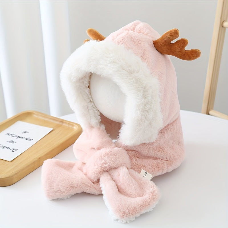 Cute Deer Hat Women Plush Rabbit Ear Funny Lolita Sweet Kawaii Winter Fluffy Fleece Warm Hat Plush Winter Thickened Cute Antlers Baby Hat With Scarf For 5-10 Y Children