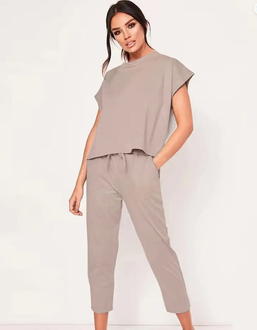 Load image into Gallery viewer, Effortless Casual Set: Short Sleeve Round Neck Top and Drawstring Cropped Pants - Simple, Basic, and Comfortable for Everyday Wear Apricot
