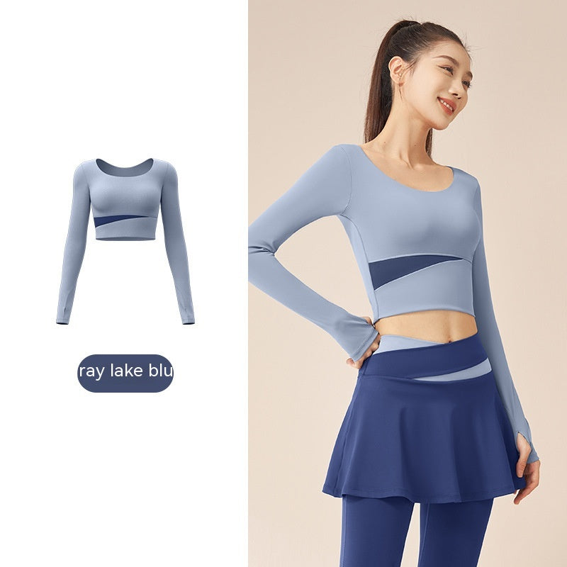 Contrast Color Fast-drying Workout Top Slim Fit Nude Feel Seamless Yoga Long Sleeve Gray Lake Blue