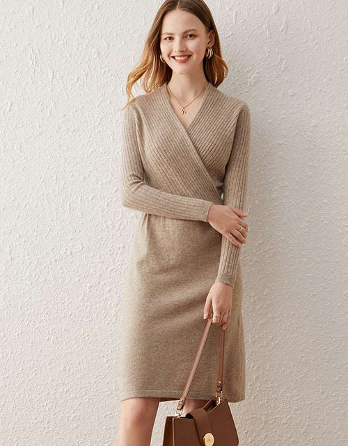 Load image into Gallery viewer, Cashmere V-neck Mid-length Pullover Commute Style Fashion Wool Dress Camel
