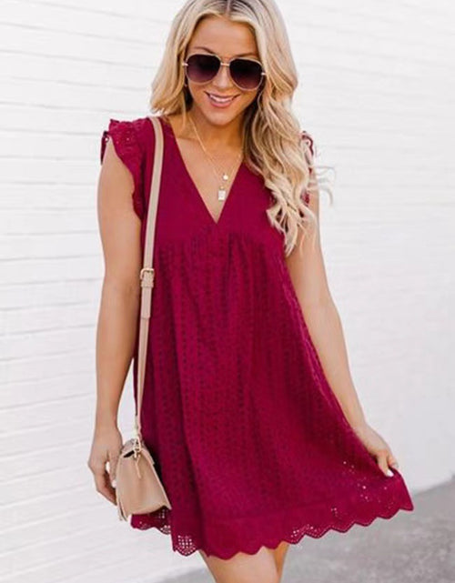 Load image into Gallery viewer, Elevate Your Summer Style: Sleeveless Lace Beach Dress with Jacquard Cutout, V-Neck, and Convenient Pockets Wine Red
