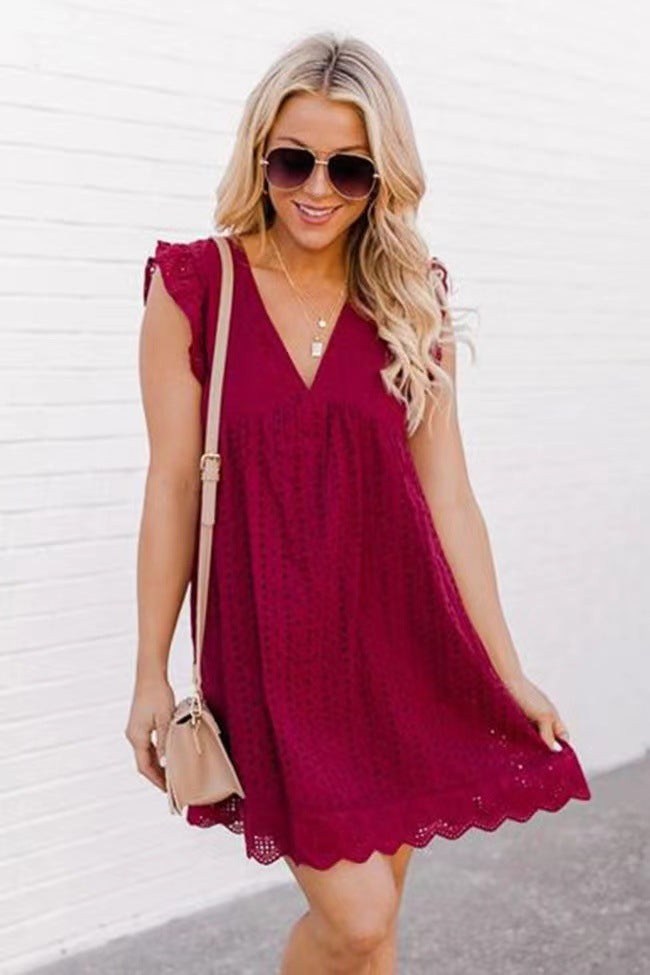 Elevate Your Summer Style: Sleeveless Lace Beach Dress with Jacquard Cutout, V-Neck, and Convenient Pockets Wine Red