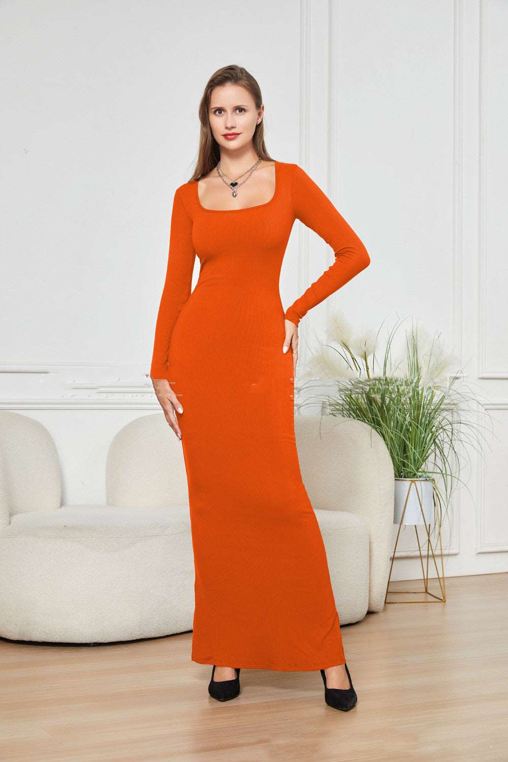 Two-in-one With Lining Double-layer Belly Contracting Hip Lifting Long Sleeve Narrow Dress Orange