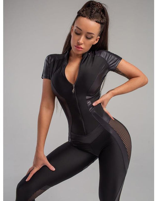 Load image into Gallery viewer, Dynamic Style: Women&#39;s Black Mesh Zipper Half Sleeve Sports Jumpsuit - Elevate Your Workout with Comfort and Trendsetting Design Black
