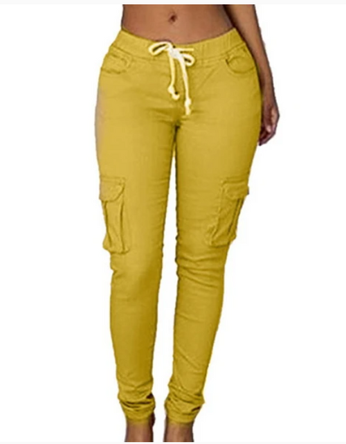 Load image into Gallery viewer, Versatile Chic: Women&#39;s Mid-Waisted Cotton Tight-Fit Casual Pants with Multiple Pockets Yellow
