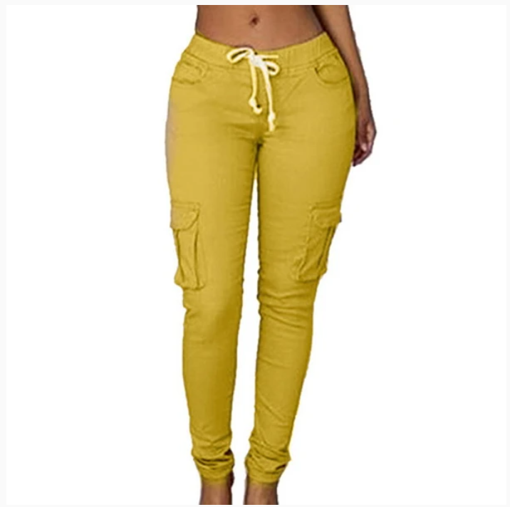 Versatile Chic: Women's Mid-Waisted Cotton Tight-Fit Casual Pants with Multiple Pockets Yellow