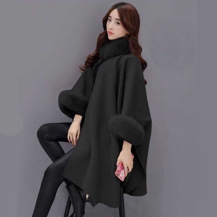 Temperament Commute Style Batwing Sleeve Fox Fur Collar Mid-length Woolen Coat