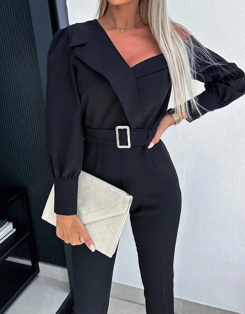 Load image into Gallery viewer, Shoulder Collar Cinched Waist Slim-fit Solid Color Straight Jumpsuit
