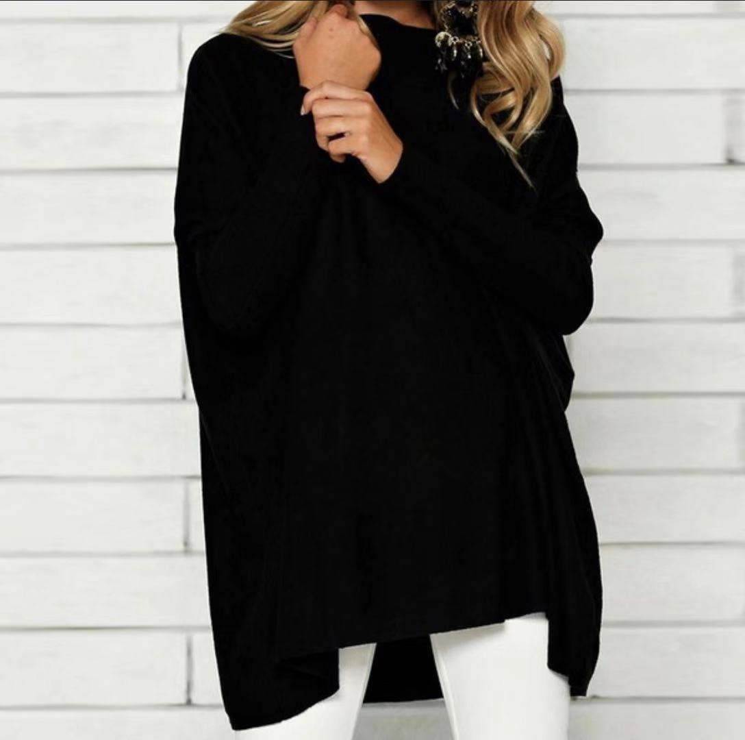 Cozy Chic: Women's Fluffy Tie Top T-shirt – Street Style Round Neck, Horn Long Sleeve, and Loose Fit in Cotton Comfort Black