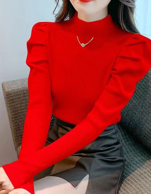 Load image into Gallery viewer, Art retro Silk Fiber Solid Plain Color Pullover Fashion Slim Style Puff Sleeve Sweater Half Turtleneck Slim Fit Red
