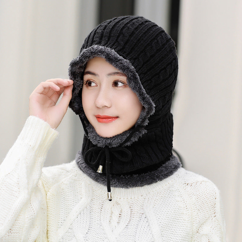 Wool knitted hat plus velvet scarf Black